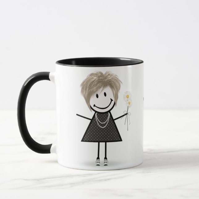Stick Figure Girl with Daisies Mug (Left)