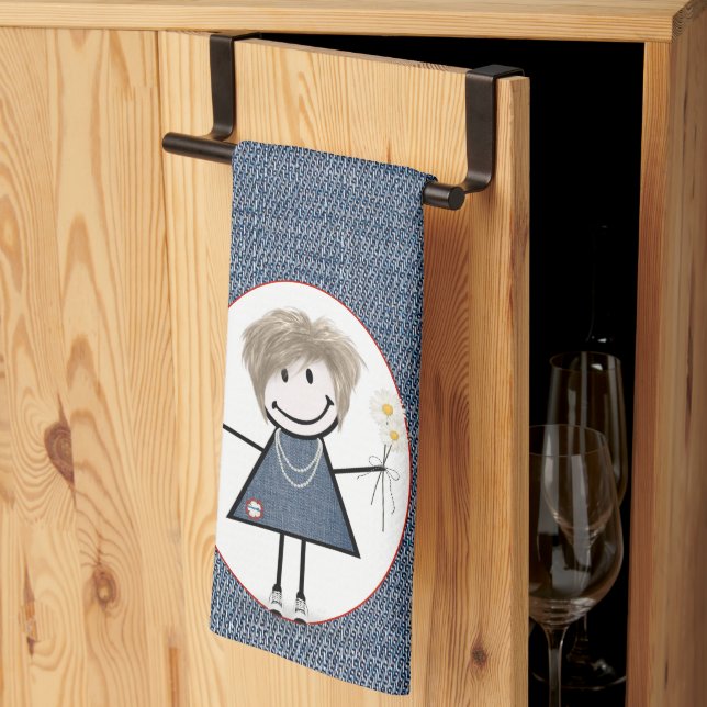 Stick Figure Girl with Daisies on Denim Tea Towel (Thirds Fold)