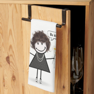 Stick Figure Girl with Daisies Tea Towel