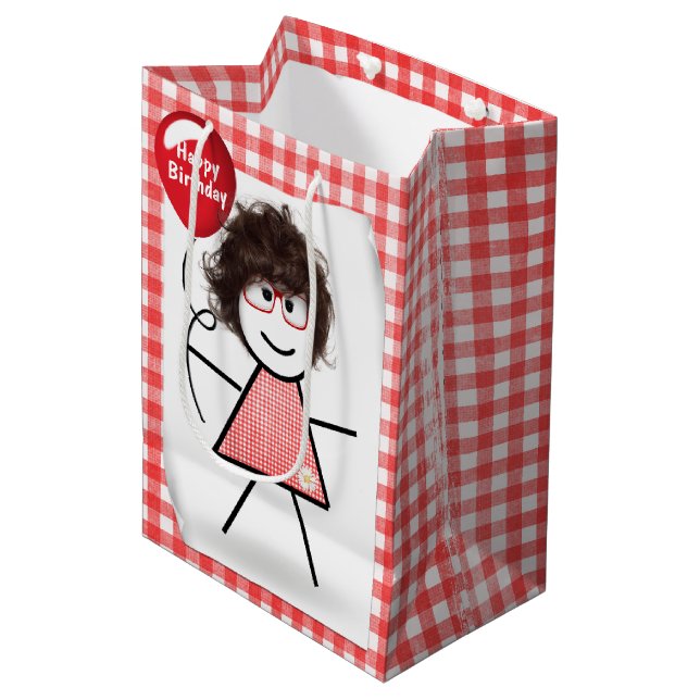  Stick Figure Girl with Red Birthday Balloon  Medium Gift Bag (Front Angled)
