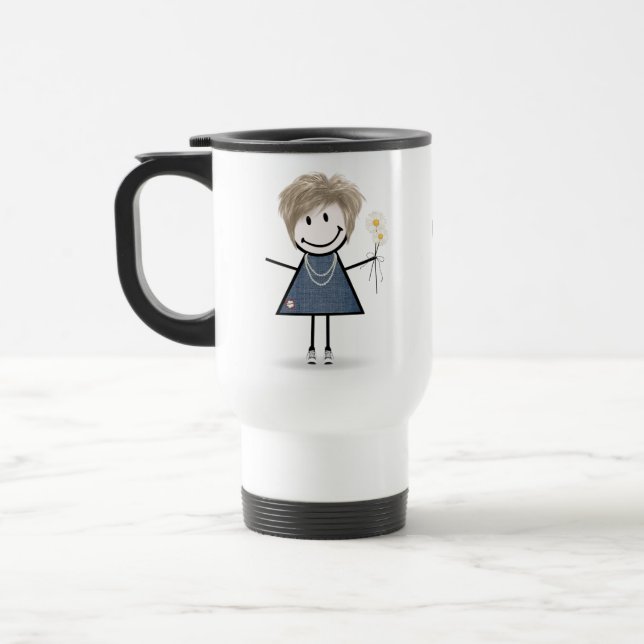Stick Figure Girl with Sneakers and Daisies  Travel Mug (Left)