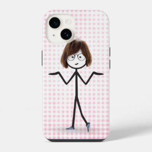 Stick Figure Girl With Sneakers On Gingham iPhone 14 Case