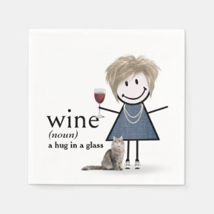 Stick Figure Girl With Wine And Cat Napkin