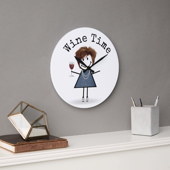 Stick Figure Girl With Wine Glass  Large Clock (Office)