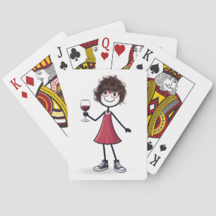 Stick Figure Girl with Wine Glass Playing Cards