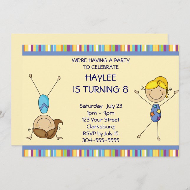 Stick Figure Girls Gymnastics Birthday Party Invitation (Front/Back)
