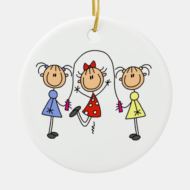Stick Figure GIrls Jumping Rope Ceramic Tree Decoration (Front)