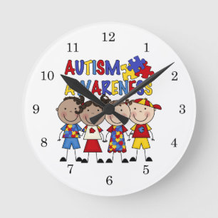 Stick Figure Kids Autism Awareness Round Clock