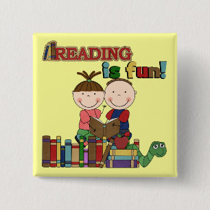 Stick Figure Kids Reading is Fun 15 Cm Square Badge
