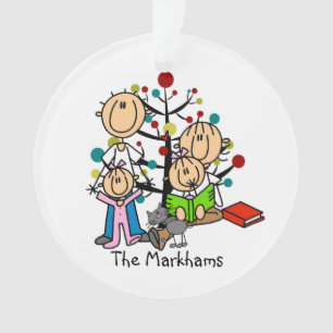 Stick Figure Parents, 2 Girls, Cat Ornament