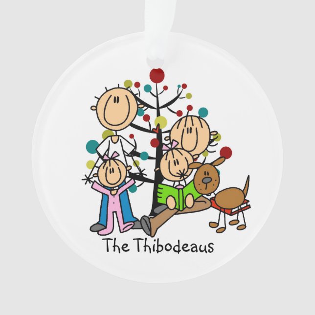 Stick Figure Parents, 2 Girls, Dog Ornament (Front)