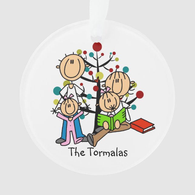 Stick Figure Parents, 2 Girls Holiday Ornament (Front)
