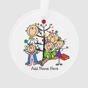Stick Figure Parents, 3 Girls Ornament
