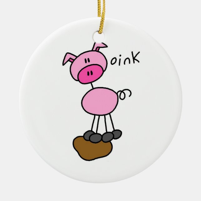 Stick Figure Pig T-shirts and Gifts Ceramic Tree Decoration (Front)