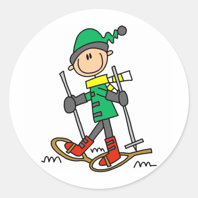 Stick Figure Snowshoeing Classic Round Sticker (Front)