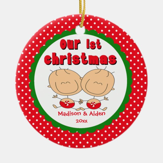 Stick Figure Twins Baby's First Christmas Ornament (Front)