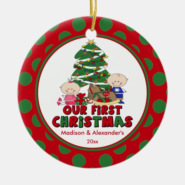 Stick Figure Twins Baby's First Christmas Ornament (Front)