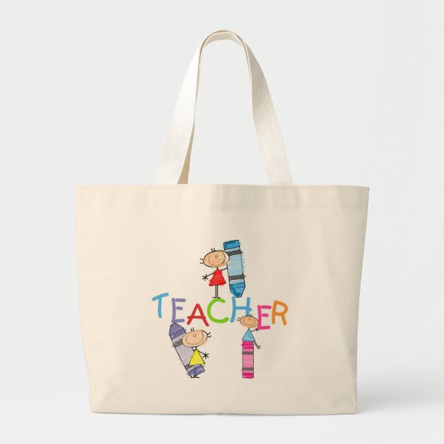 Stick Figures Crayons Teacher Tshirts and Gifts Large Tote Bag (Front)