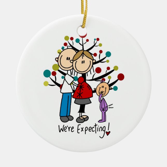 Stick Figures Expectant Parents Girl Ceramic Tree Decoration (Front)