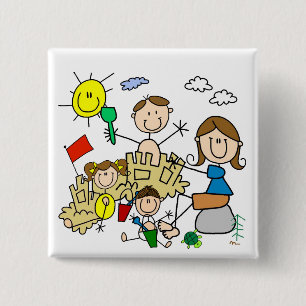 Stick Figures Family Beach Fun 15 Cm Square Badge