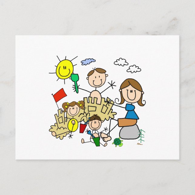 Stick Figures Family Beach Fun Postcard (Front)