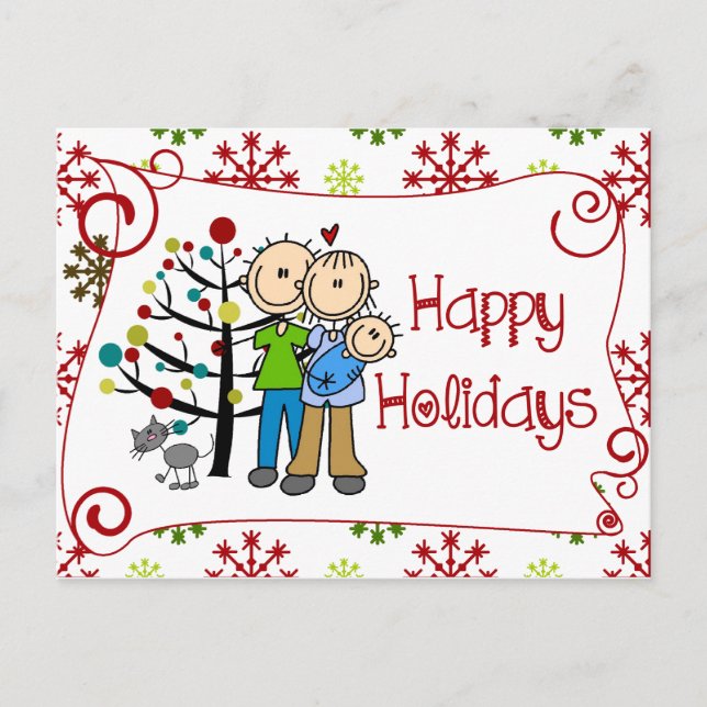 Stick Figures Family Happy Holidays Postcard (Front)