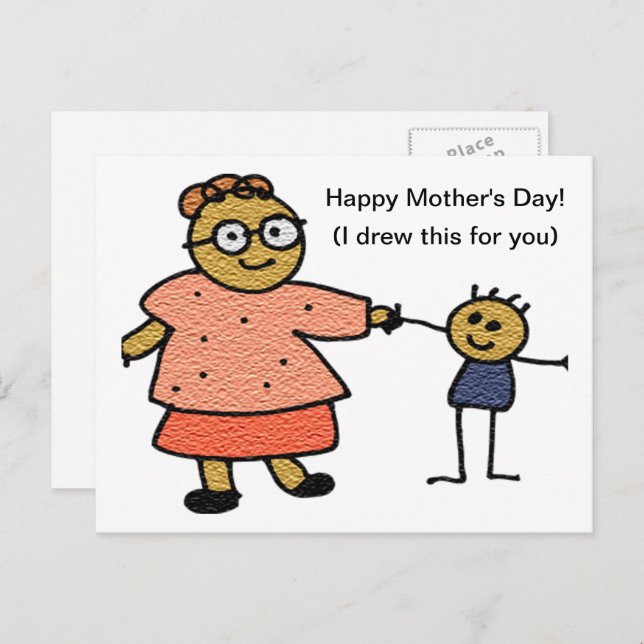 Stick Figures of Mother and Child for Mother's Day Postcard (Front/Back)