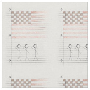 Stick Figures Salute American Flag on Lined Paper Fabric