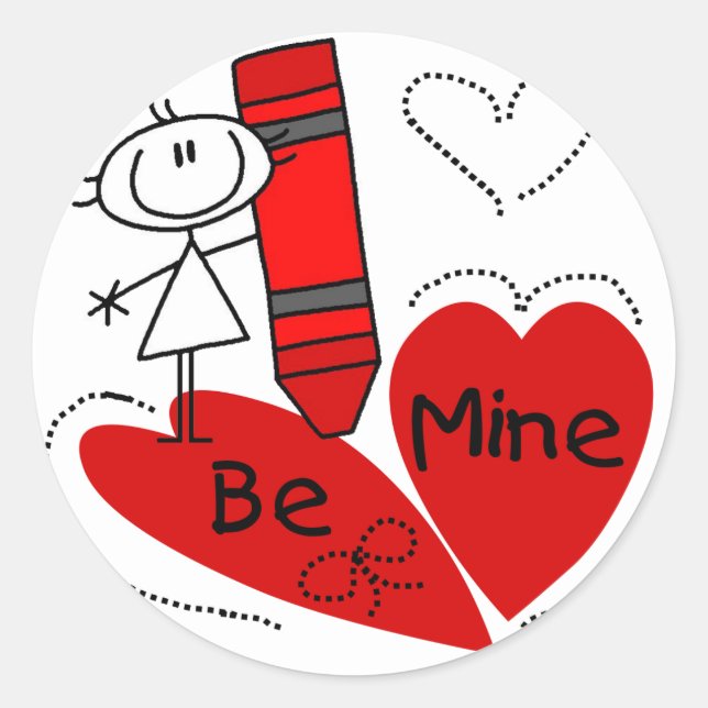 Stick Girl Be Mine Valentine Classic Round Sticker (Front)