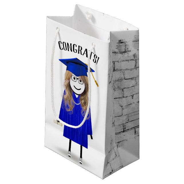 Stick Girl Graduate with Blue Cap and Diploma   Small Gift Bag (Front Angled)