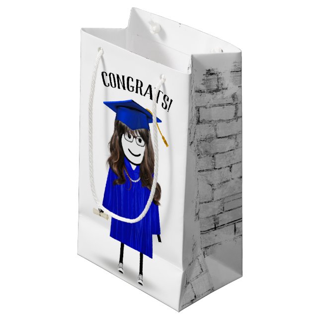 Stick Girl Graduate with Blue Cap and Diploma  Small Gift Bag (Front Angled)