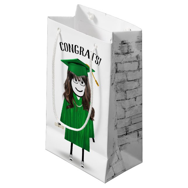 Stick Girl Graduate with Green Cap and Gown Small Gift Bag (Front Angled)