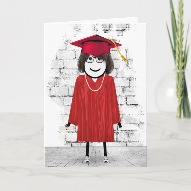 Stick Girl Graduate with Hair and Diploma Card (Front)