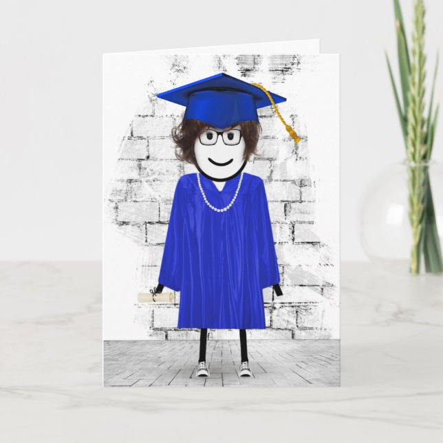 Stick Girl Graduate with Hair and Diploma Card (Front)
