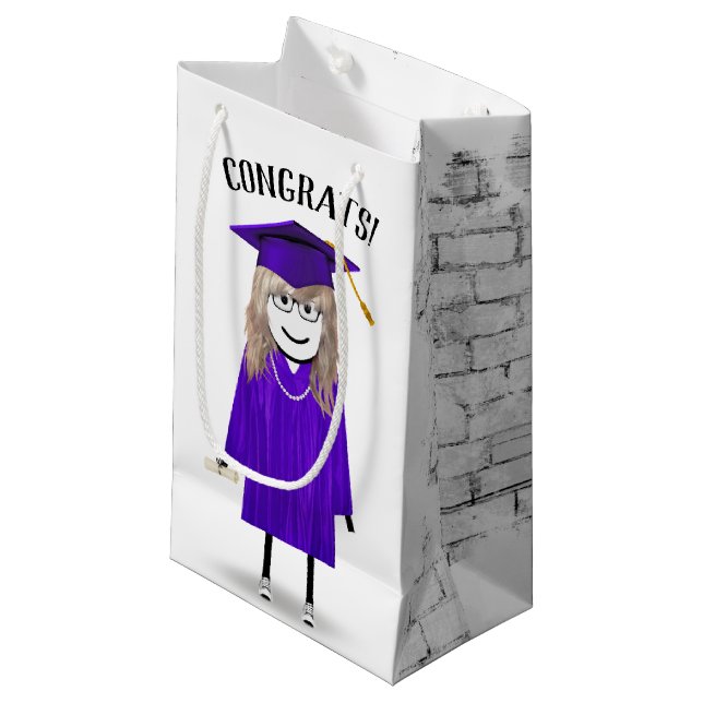 Stick Girl Graduate with Purple Cap and Diploma   Small Gift Bag (Front Angled)