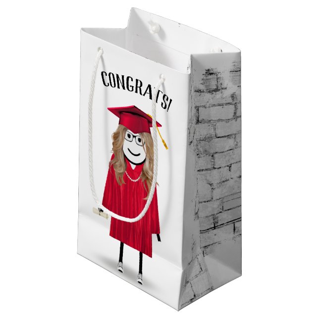 Stick Girl Graduate with Red Cap and Diploma    Small Gift Bag (Front Angled)