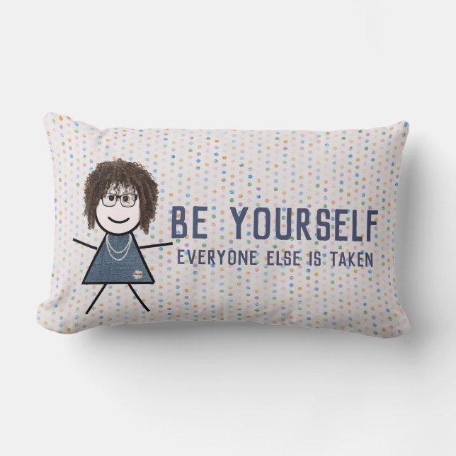 Stick Girl in Denim Dress with Quote Lumbar Cushion (Front)