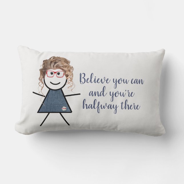 Stick Girl in Denim Dress with Quote Lumbar Cushion (Front)
