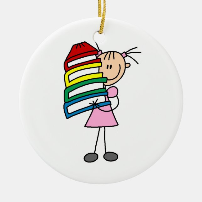 Stick Girl With Books Ceramic Tree Decoration (Front)