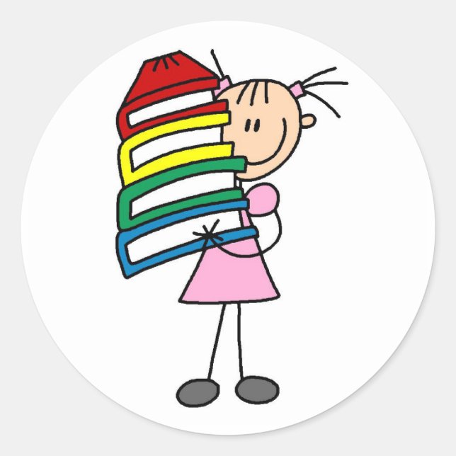 Stick Girl With Books Classic Round Sticker (Front)