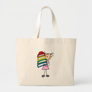 Stick Girl with Books Large Tote Bag