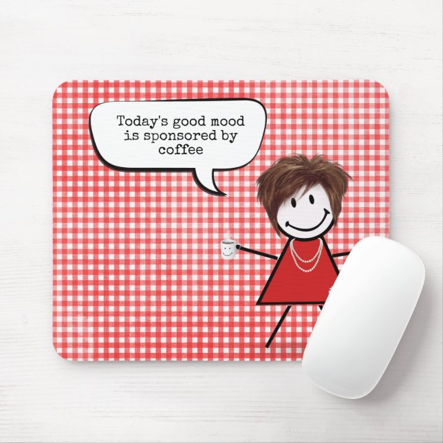 Stick Girl With Coffee Mug on Gingham  Mouse Pad (With Mouse)