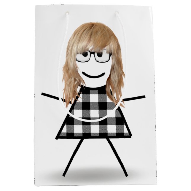 Stick Girl with Hair and Buffalo Plaid Medium Gift Bag (Front)