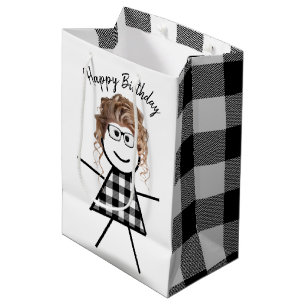 Stick Girl with Hair and Buffalo Plaid Pattern  Medium Gift Bag