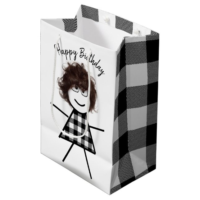 Stick Girl with Hair and Buffalo Plaid Pattern   Medium Gift Bag (Front Angled)