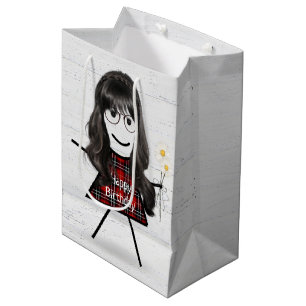Stick Girl with Hair and Daisies Medium Gift Bag