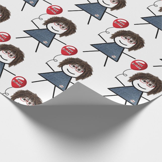 Stick Girl With Red Birthday Balloon   Wrapping Paper (Corner)