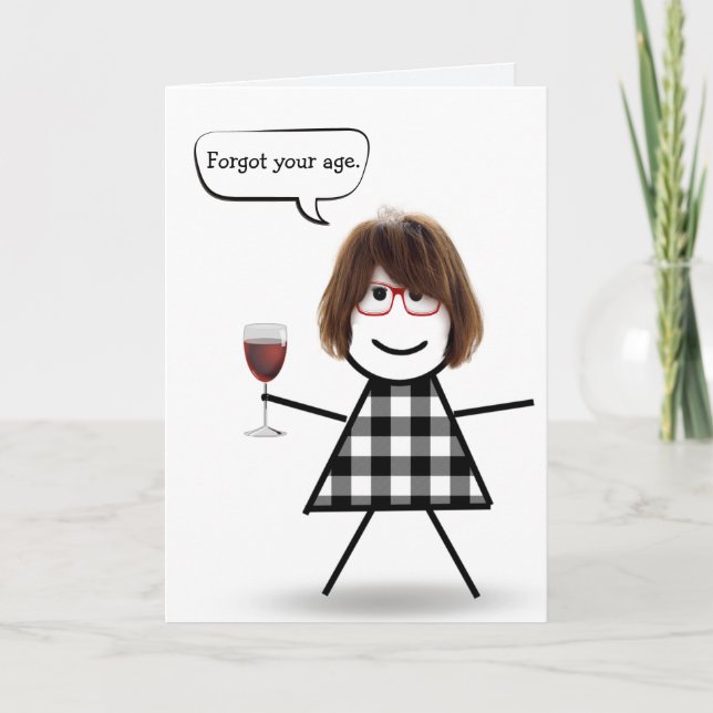 Stick Girl with Red Wine Belated Birthday Card (Front)