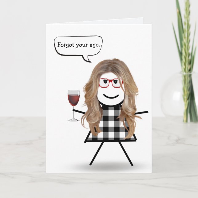 Stick Girl with Red Wine Belated Birthday Card (Front)