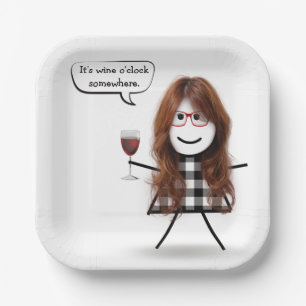 Stick Girl with Red Wine Party Humour   Paper Plate